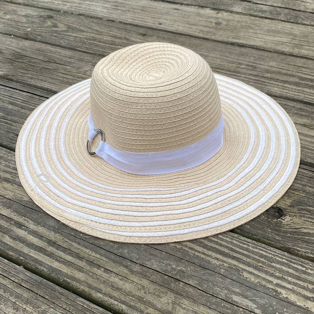 Stylish Tan Wide-Brim Hat with White Band Sun hat summer beach wear